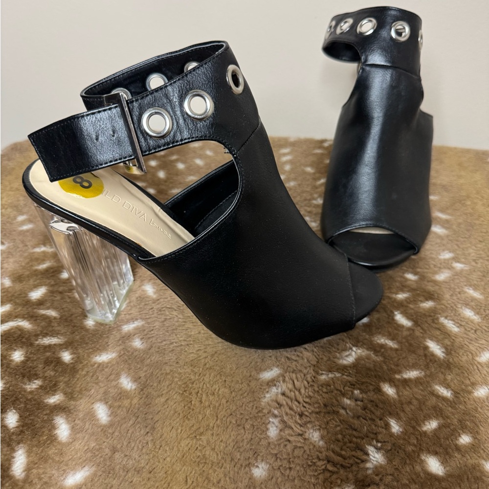 Wild Diva Black Peep-Toe Mules with Silver Accents